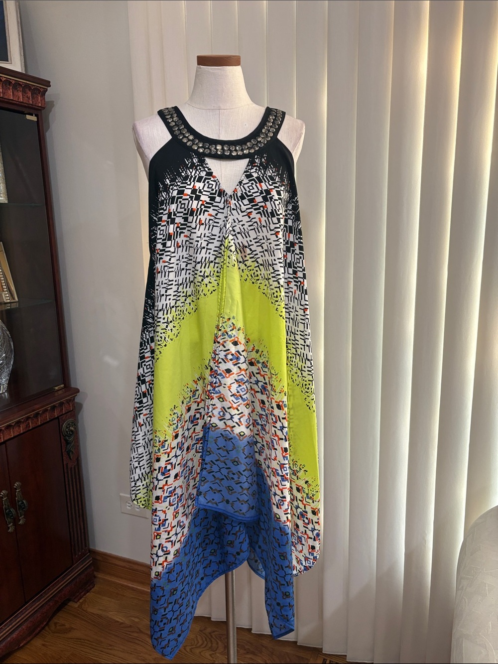Paneled asymmetrical handkerchief sun dress embellished Neck halter oversized L